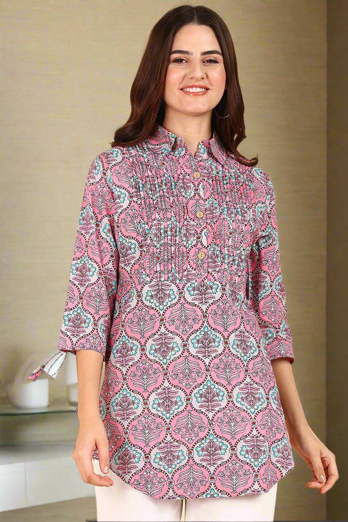 Floral 100% Cotton Zipless Maternity Kurti Top - Front view showing breathable fabric and practical nursing access.