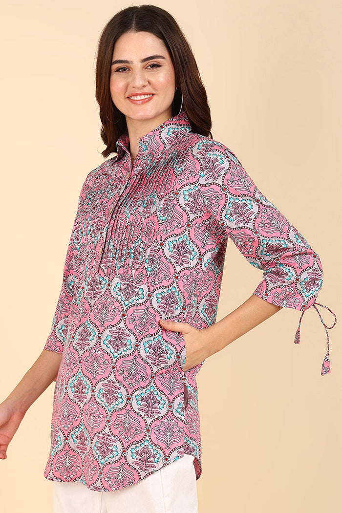Floral 100% Cotton Zipless Maternity Kurti Top - Front view showing breathable fabric and practical nursing access.
