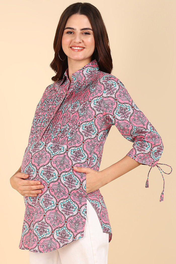 Floral 100% Cotton Zipless Maternity Kurti Top - Front view showing breathable fabric and practical nursing access.