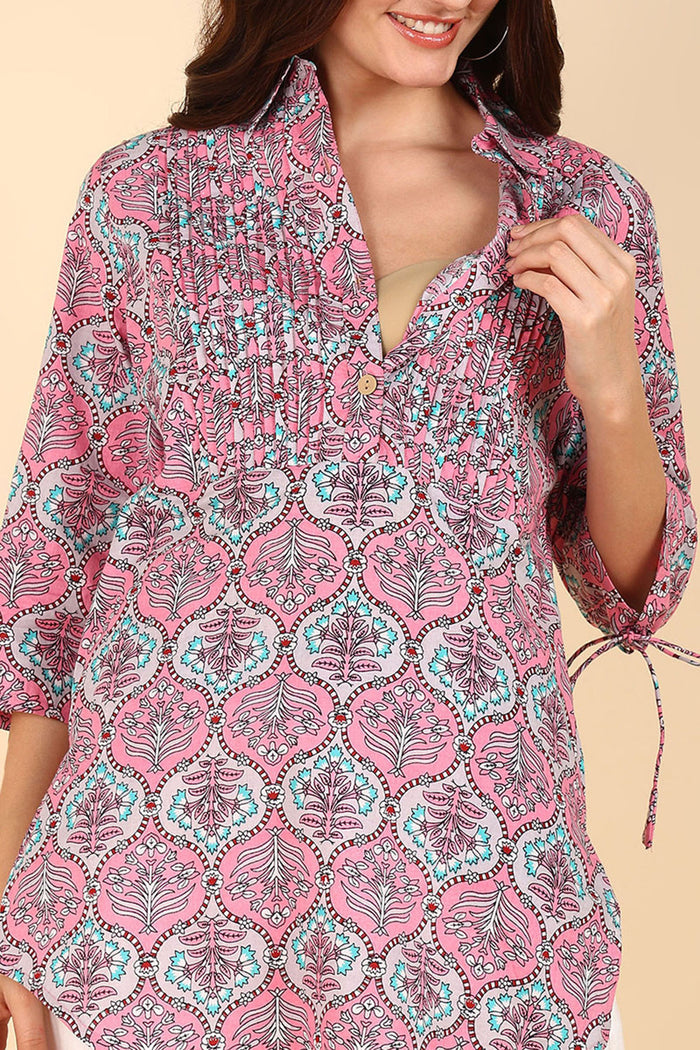 Floral 100% Cotton Zipless Maternity Kurti Top - Front view showing breathable fabric and practical nursing access.