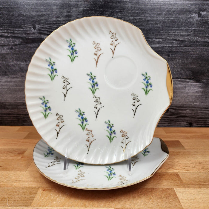 Floral Blue and Lavender Snack Plate Set of 2 Appetizer 9" Tray Ceramic White