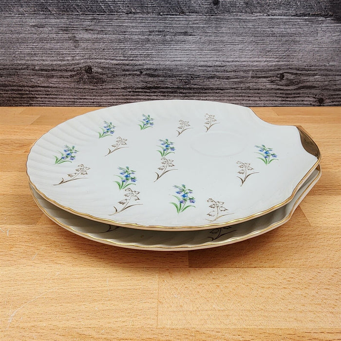 Floral Blue and Lavender Snack Plate Set of 2 Appetizer 9" Tray Ceramic White