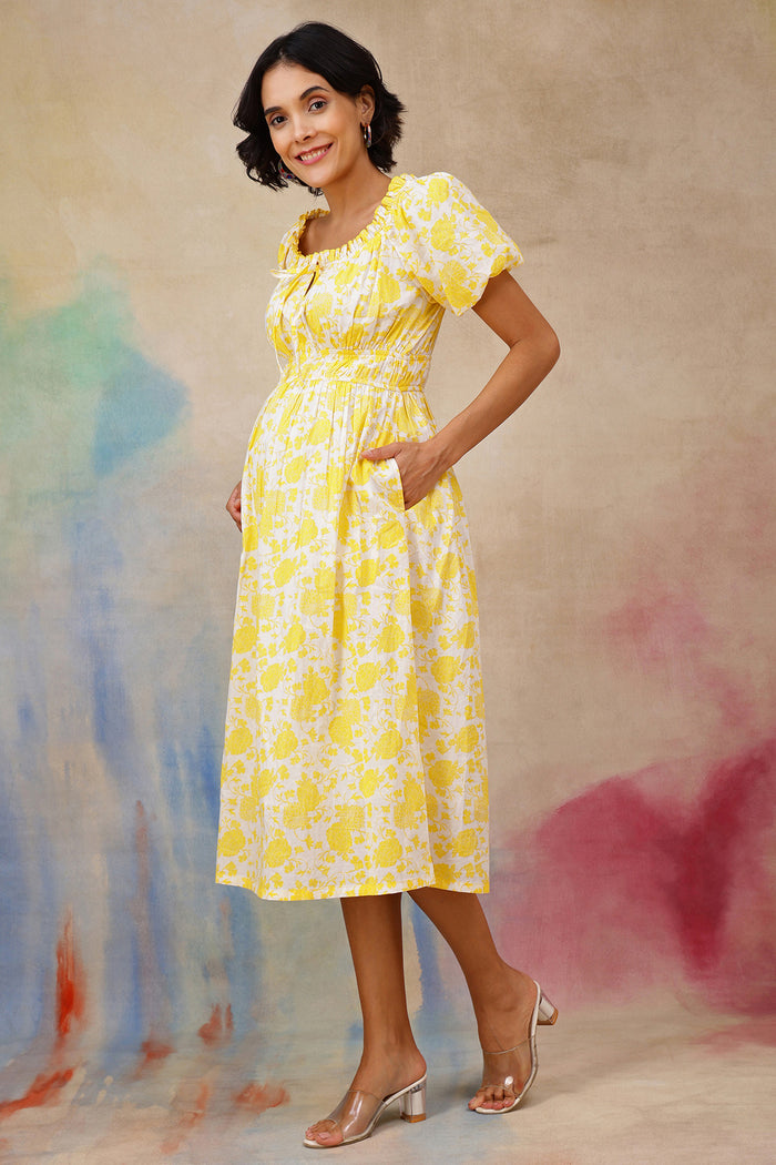 Back View of Floral Cotton Midi Dress with Zipless Feeding - Flattering Silhouette for Pregnancy