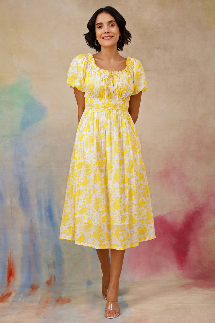 Stylish Yellow Maternity Wear - Floral Cotton Midi Dress with Zipless Feeding for New Moms
