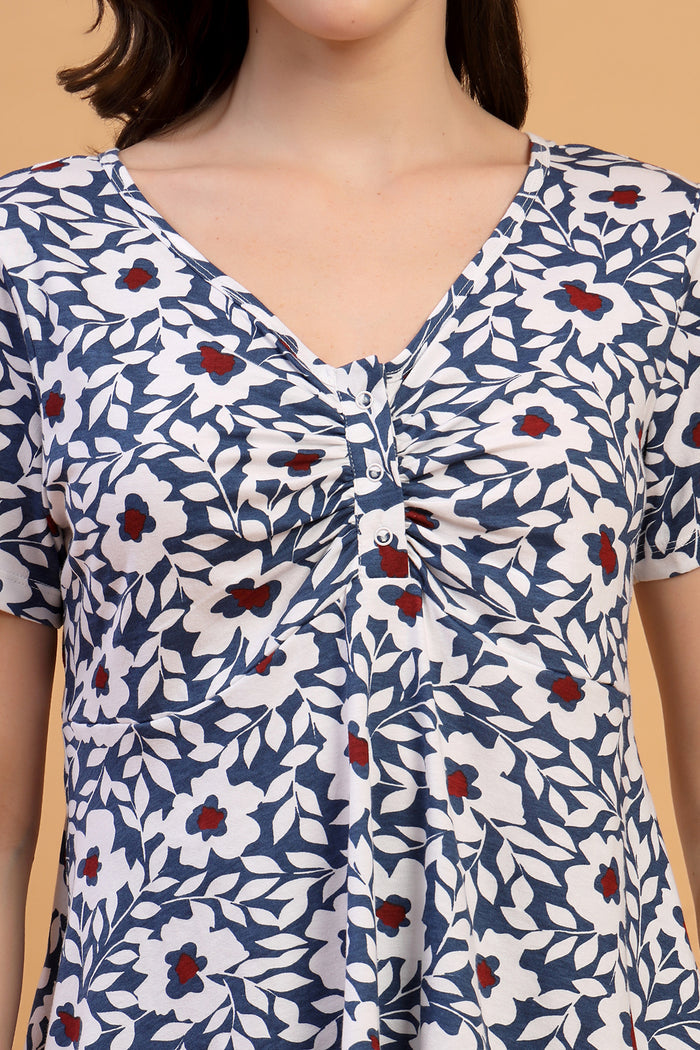 Interior view of Floral Maternity Top for Zipless Feeding - Navy showing Zipless.