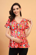 Floral Maternity Top for Zipless Feeding - Red in red made with soft Cotton fabric.