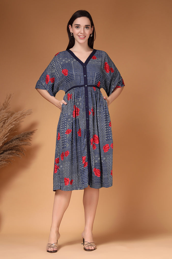 Floral Printed Rayon Zipless Feeding Maternity Dress Front View - Navy Rayon Maternity Dress with Feeding Zips & Pockets