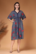 Floral Printed Rayon Zipless Feeding Maternity Dress Front View - Navy Rayon Maternity Dress with Feeding Zips & Pockets