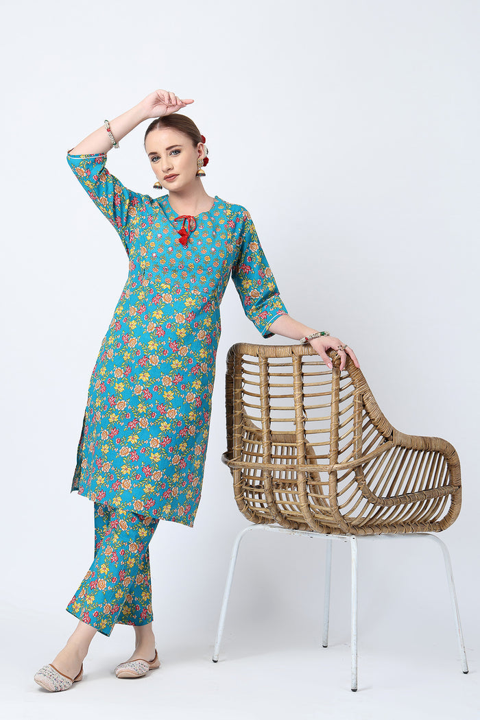 Side profile of the Floral Ed Zip Kurta Set, showing the smooth drape of the Cotton fabric.
