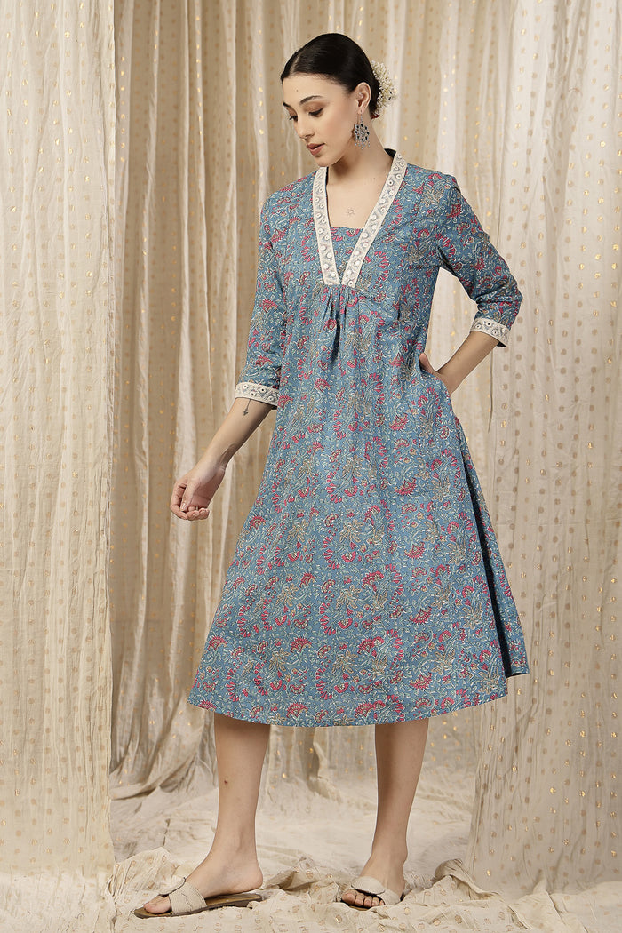 Floral Rayon Midi Dress with Feeding Zip and Pockets Front View - Teal Blue Rayon Maternity Dress with Feeding Zips