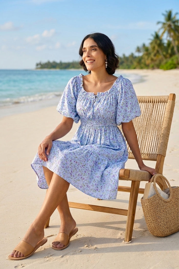 Floral Rayon Midi Dress with Zipless Feeding - Blue