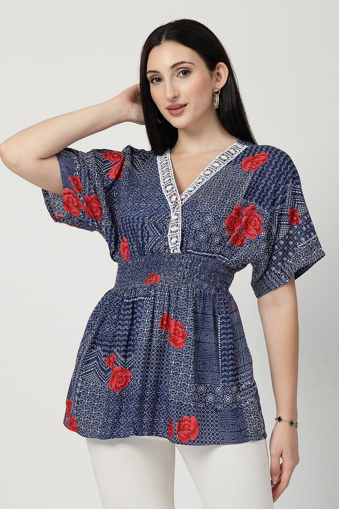 Floral Rayon Top with Zipless Feeding in blue-with-floral-print made with soft Rayon fabric.
