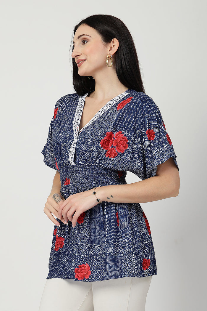 Smooth back view of blue-with-floral-print Maternity Tops showing silhouette for comfort.