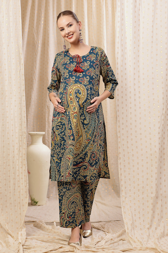 Side profile of the Floral Zip Cotton Kurta Set, showing the smooth drape of the Cotton fabric.