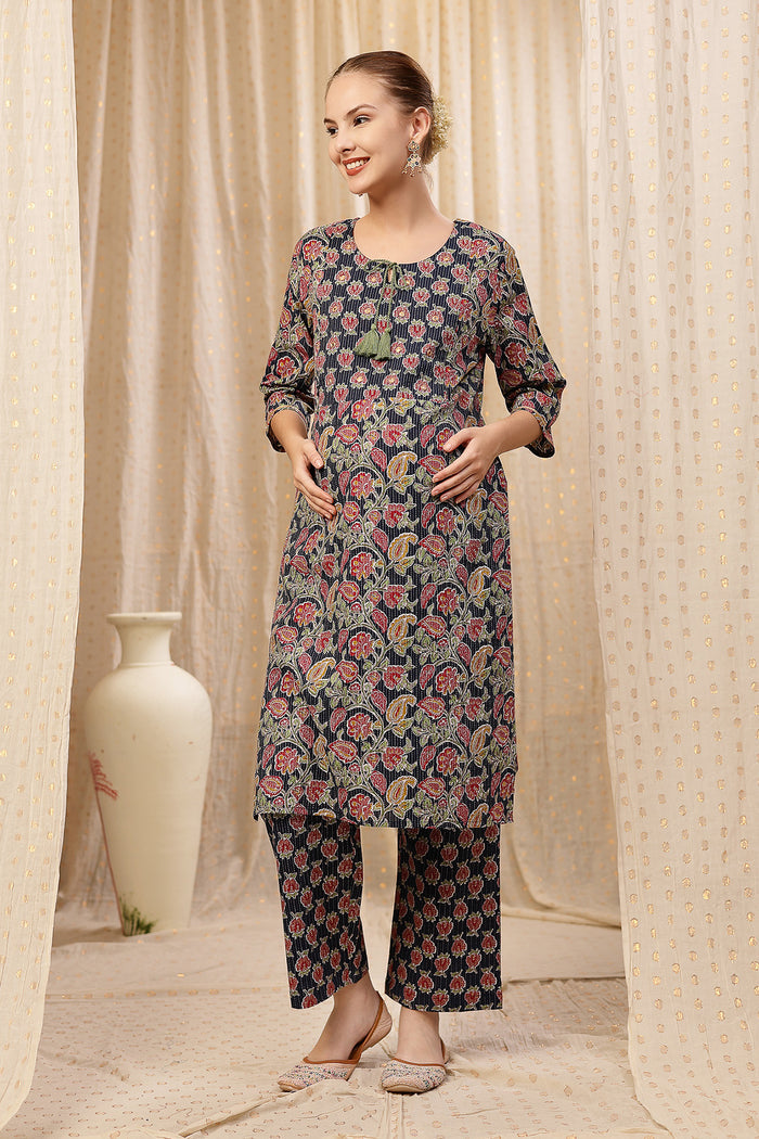 Side profile of the Floral Zip Cotton Kurta Set, showing the smooth drape of the Cotton fabric.
