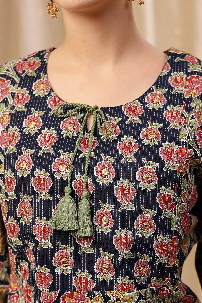 Model action shot of the Floral Zip Cotton Kurta Set, demonstrating ease of movement and fit.