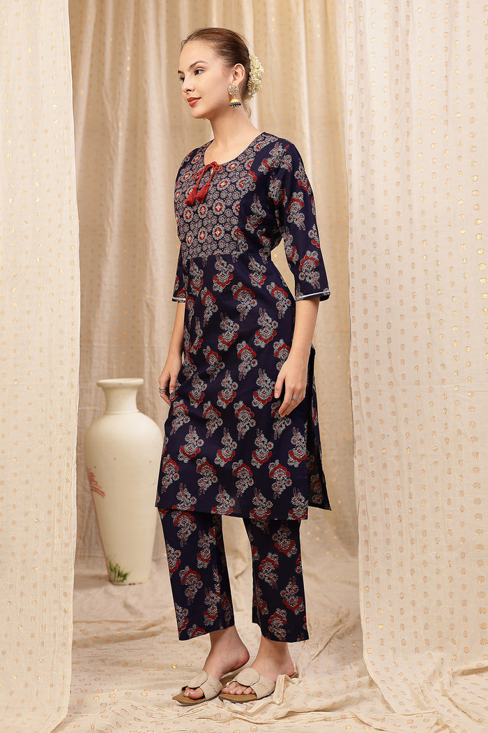 Model action shot of the Floral Zip Cotton Kurta Set, demonstrating ease of movement and fit.