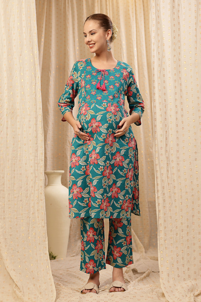 Side profile of the Floral Zip Cotton Kurta Set, showing the smooth drape of the Cotton fabric.