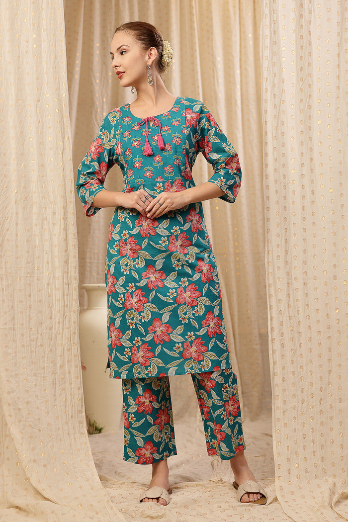 Model action shot of the Floral Zip Cotton Kurta Set, demonstrating ease of movement and fit.