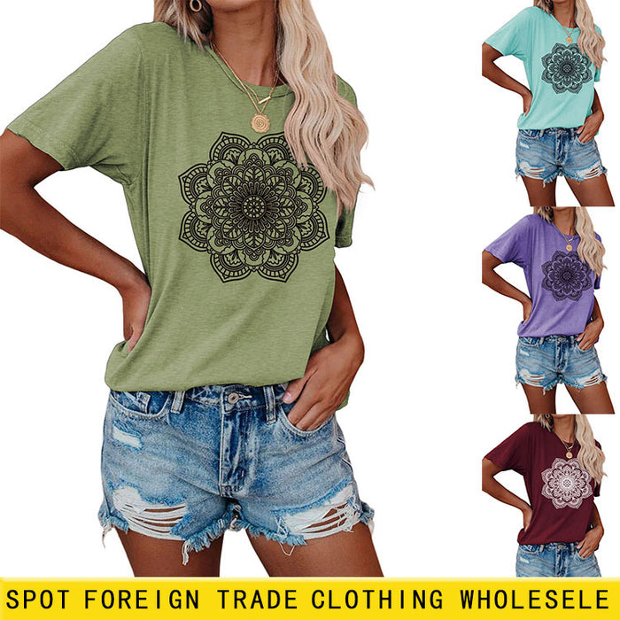Flower Pattern Printed Casual Loose Round Neck Short Sleeves