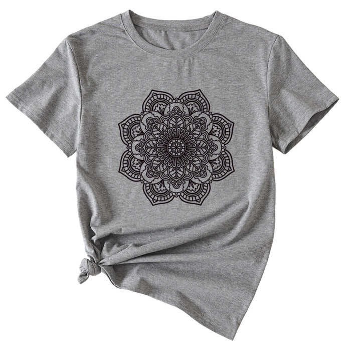Flower Pattern Printed Casual Loose Round Neck Short Sleeves