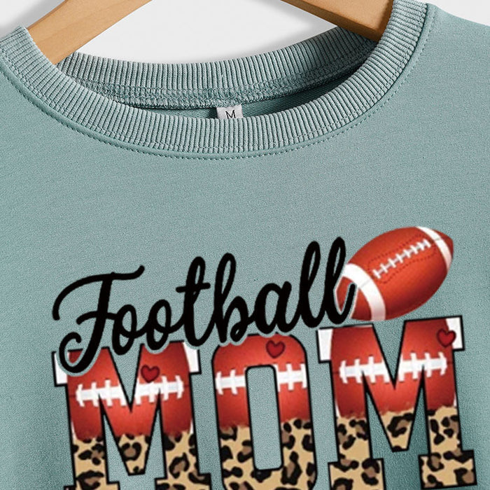 Football Mom Love Leopard Rugby Letter Crew Neck Large Long Sleeve Sweatshirt Women