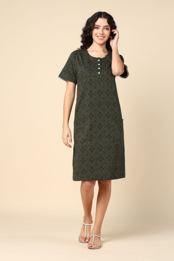 Forest Green Zipless Feeding Dress Front View - Green Cotton Maternity Dress with Feeding Zips