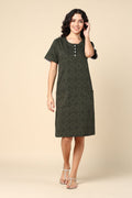Forest Green Zipless Feeding Dress Front View - Green Cotton Maternity Dress with Feeding Zips