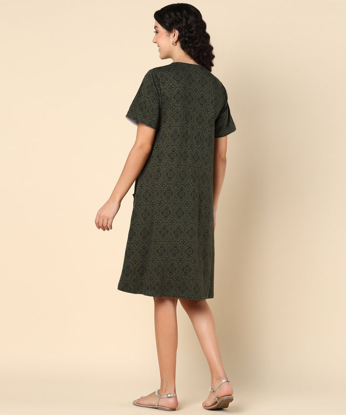 Close Up of Cotton Fabric Detail on Forest Green Zipless Feeding Dress