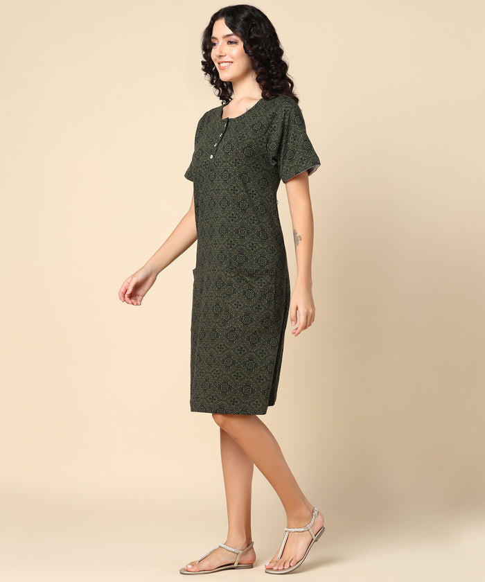 Soft Cotton Texture of Forest Green Zipless Feeding Dress - Breathable & Comfy