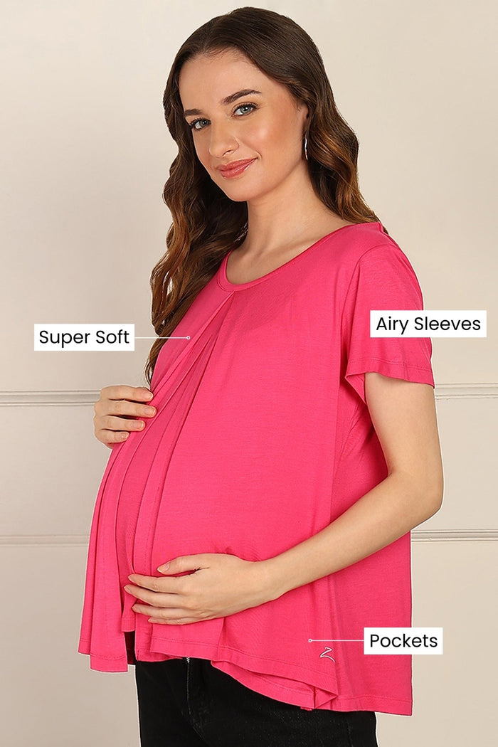 Fuchsia Pleated Nursing Top; fabric material provides comfort in all climates.