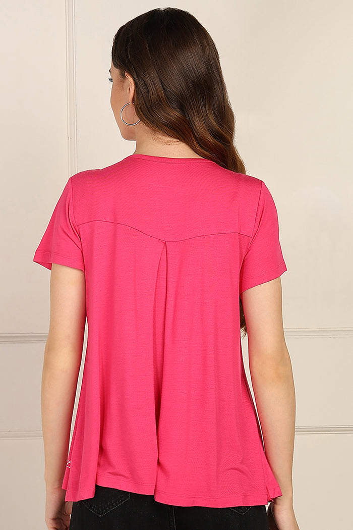 Fuchsia Maternity Top; pleating is suitable for wear during pregnancy and nursing.