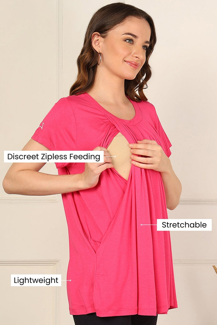 Model wearing Fuchsia Top; garment provides coverage and flow for a changing body.