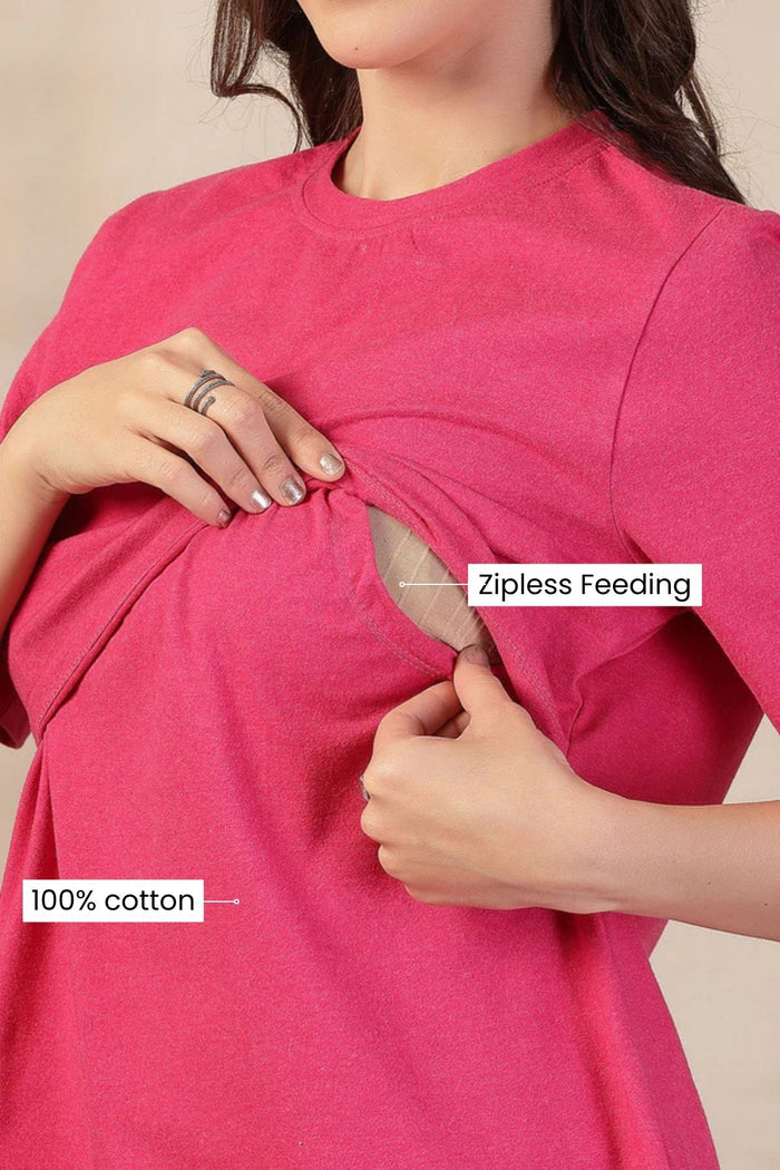 Model wearing Fuchsia Top; garment provides coverage and fit for a changing body.
