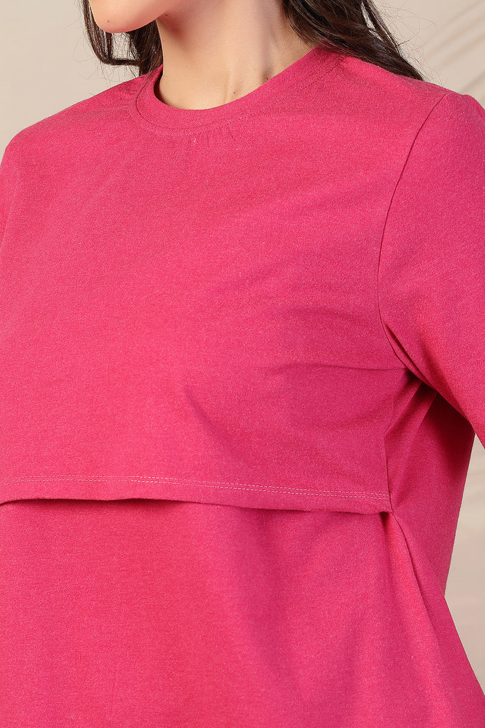 Fuchsia Top length; covers hips for modesty during pregnancy.