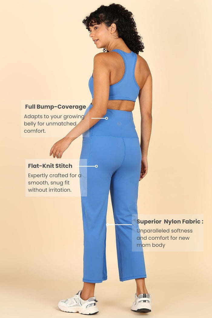 Blue Flair Pants back; shape ensures silhouette definition.