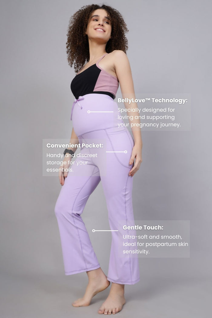 Model wearing Lavender Flair Pants; flair leg ensures movement and style.