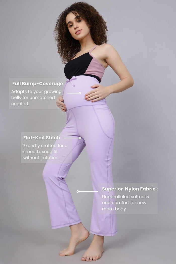 Lavender Pants bump panel; full panel covers abdomen for support during pregnancy.