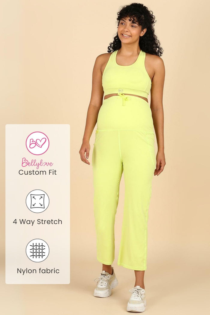 Model wearing Lime Flair Pants; flair leg ensures movement and style.