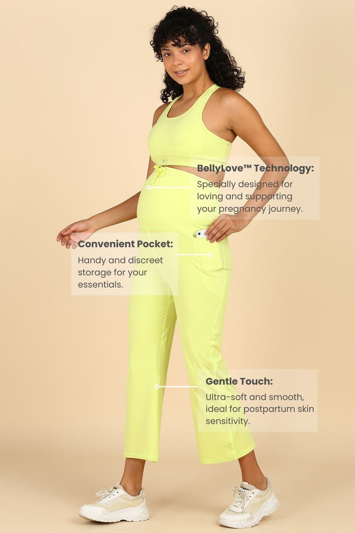 Lime Pants bump panel; full panel covers abdomen for support during pregnancy.