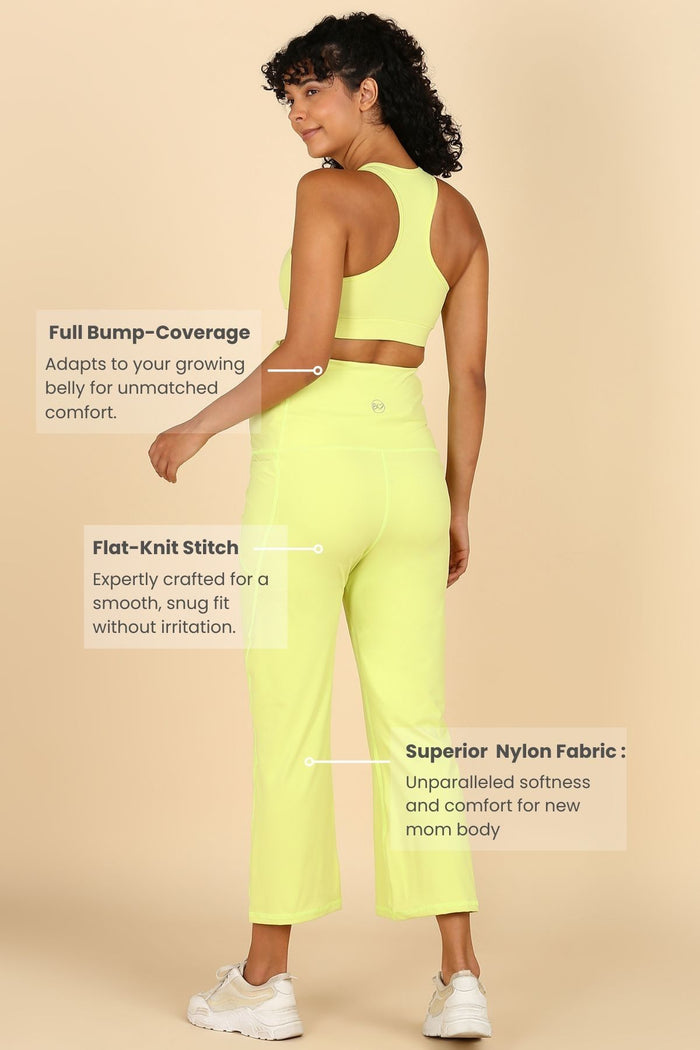 Lime Flair Pants back; shape ensures silhouette definition.