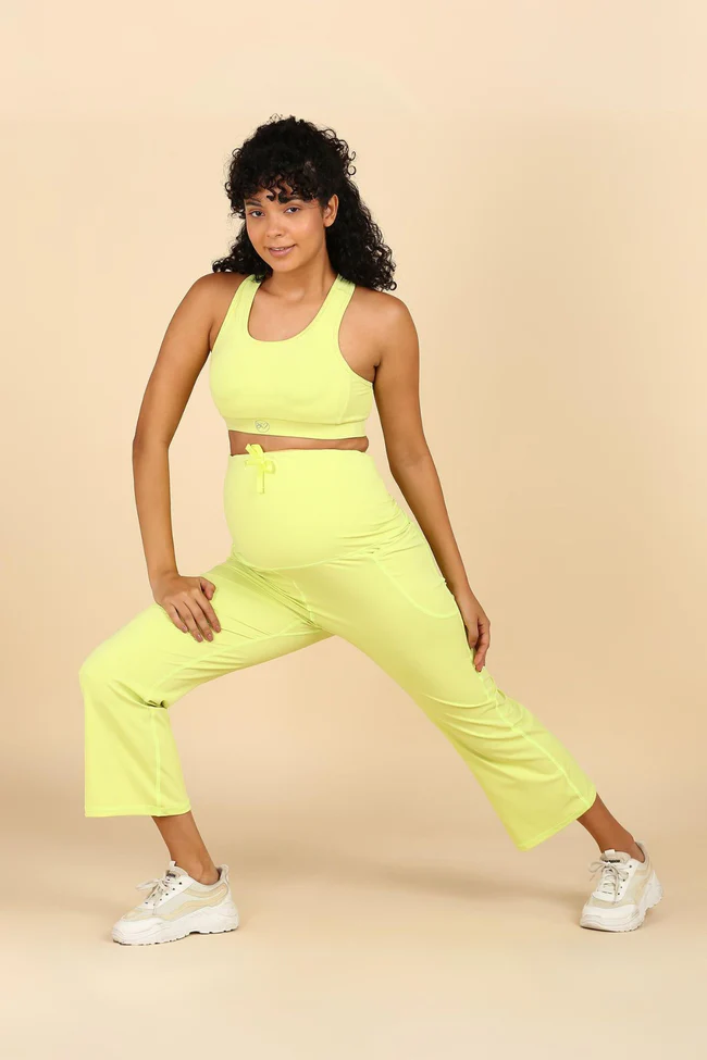 Lime Pants material; fabric allows stretch to fit body size changes.