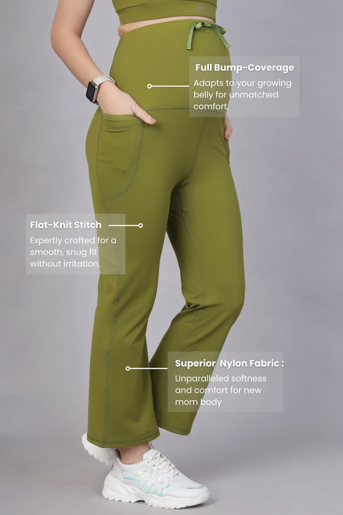 Model wearing Olive Flair Pants; flair leg ensures movement and style.