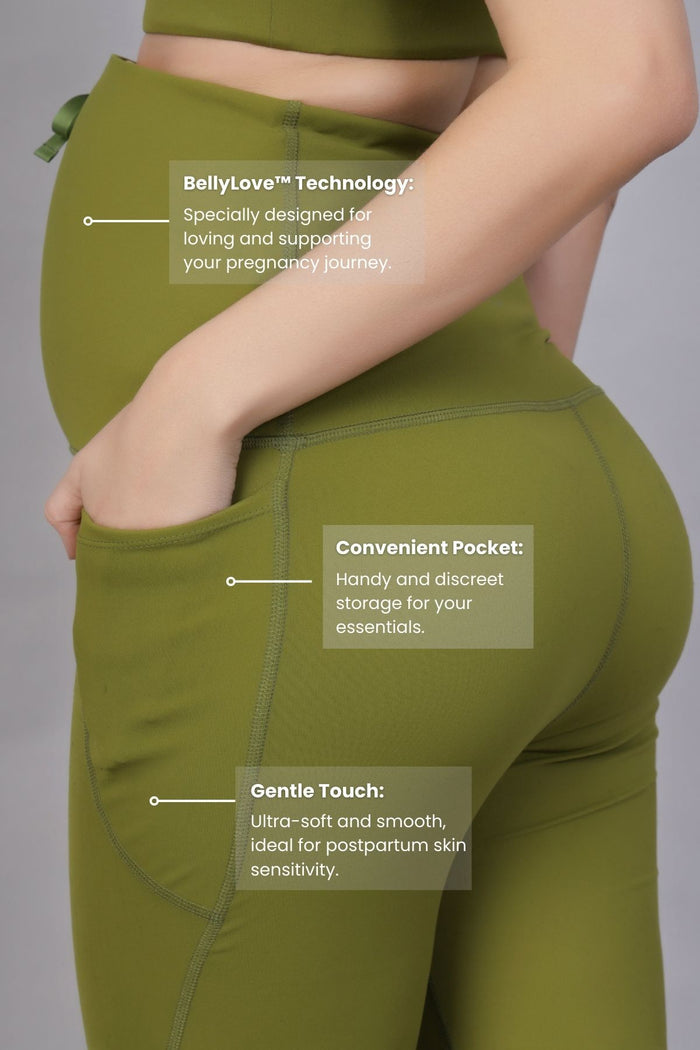 Olive Pants bump panel; full panel covers abdomen for support during pregnancy.