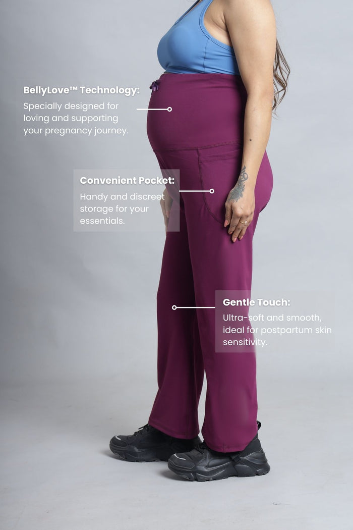 Model wearing Wine Flair Pants; flair leg ensures movement and style.