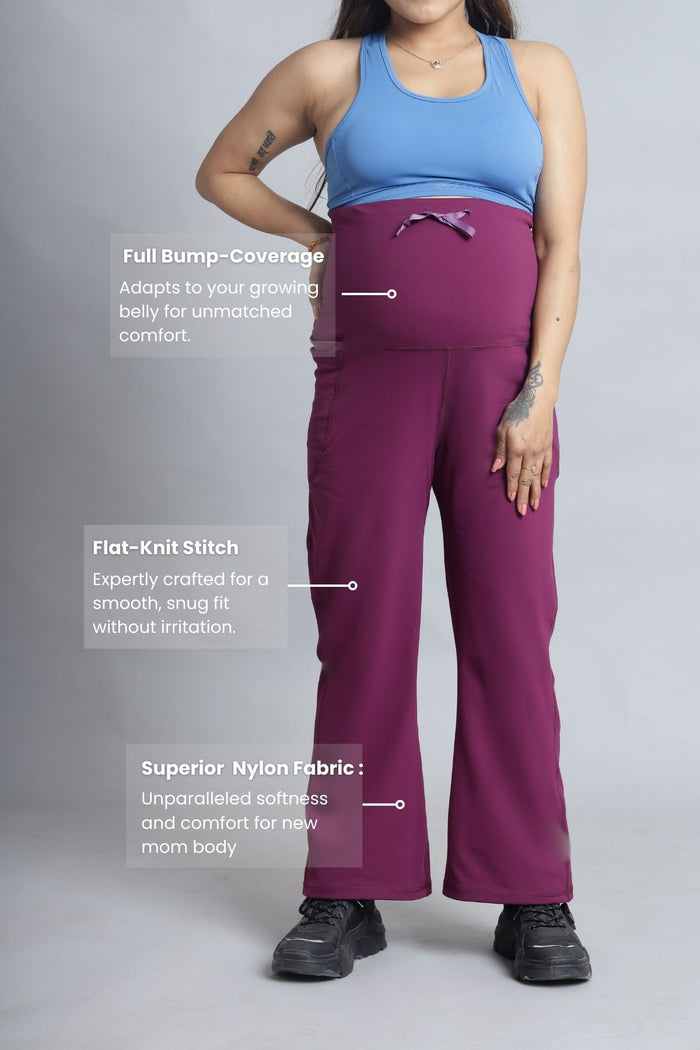 Wine Pants bump panel; full panel covers abdomen for support during pregnancy.