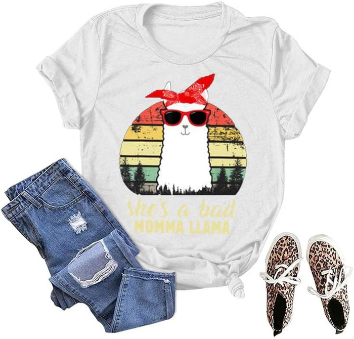 Funny Llama Mom Shirt Women She's A Bad Momma Llama T-Shirt