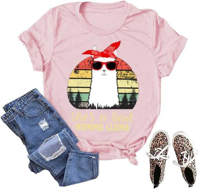 Funny Llama Mom Shirt Women She's A Bad Momma Llama T-Shirt