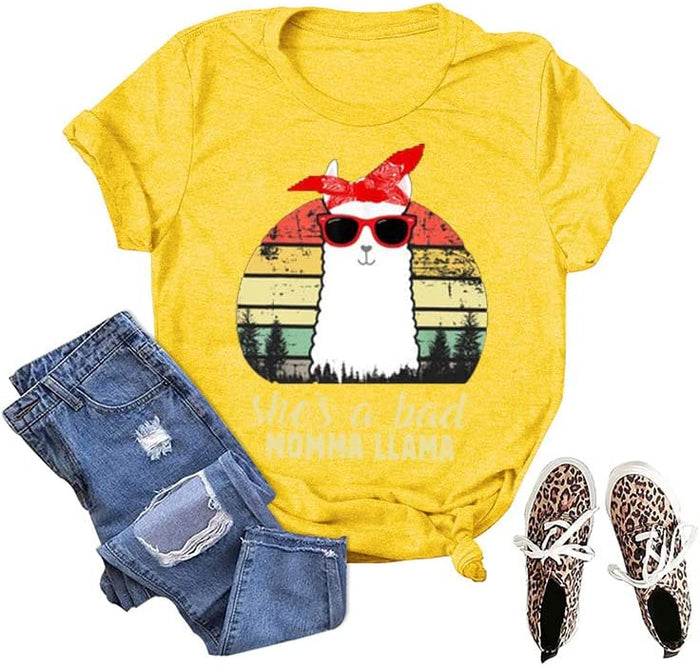 Funny Llama Mom Shirt Women She's A Bad Momma Llama T-Shirt