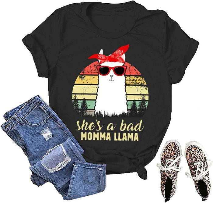 Funny Llama Mom Shirt Women She's A Bad Momma Llama T-Shirt
